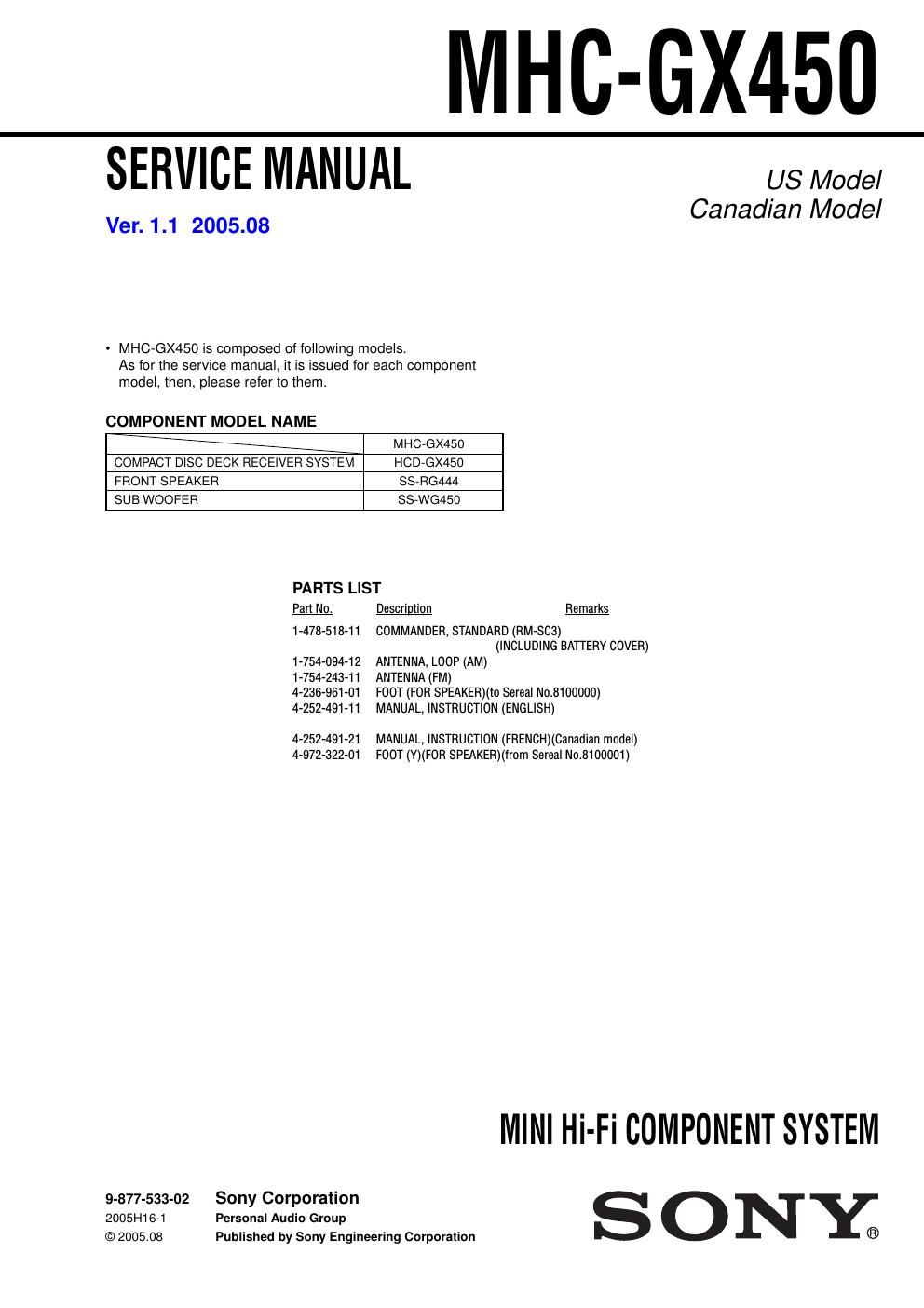 sony mhc gx 450 service manual