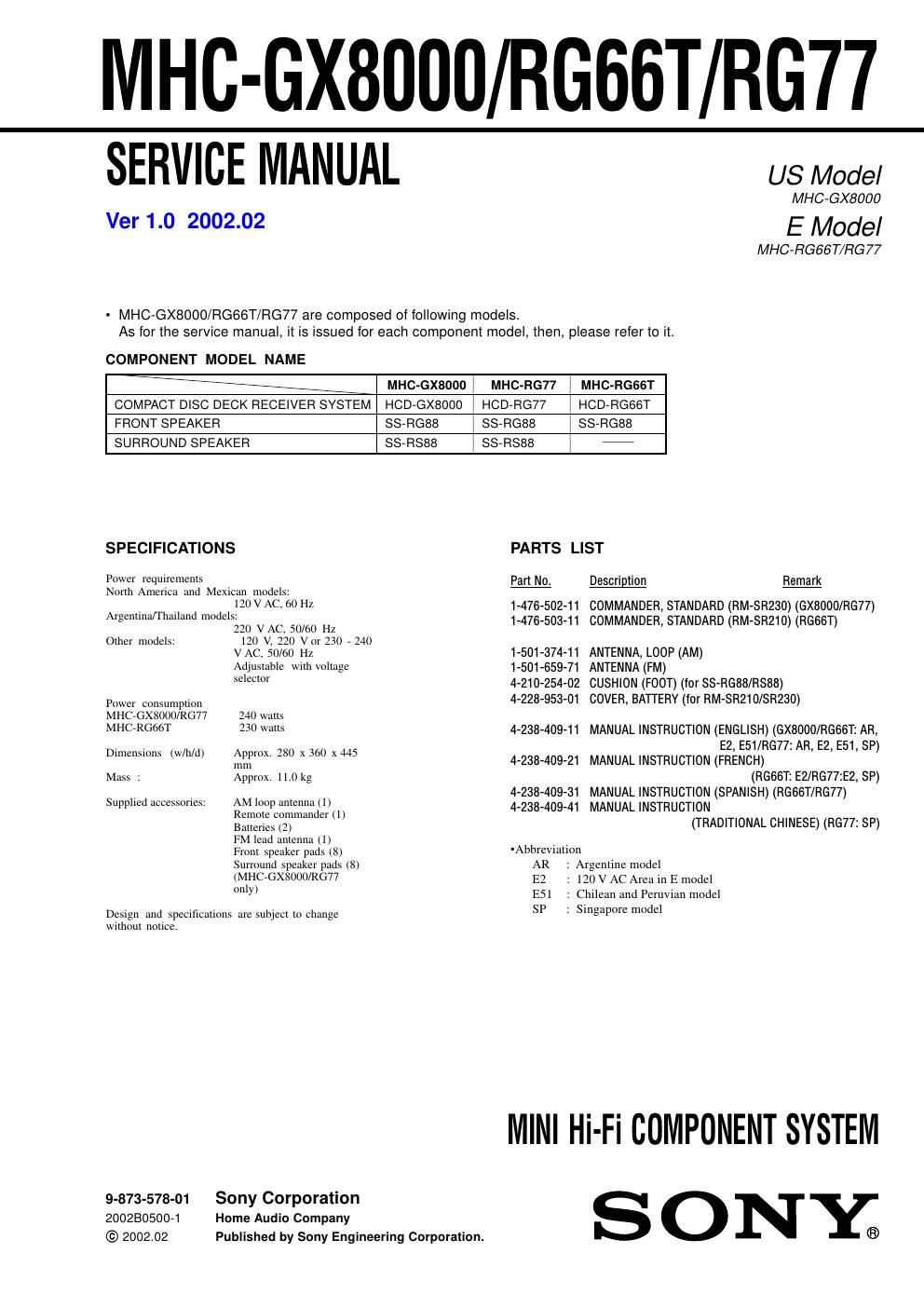 sony mhc gx 8000 service manual