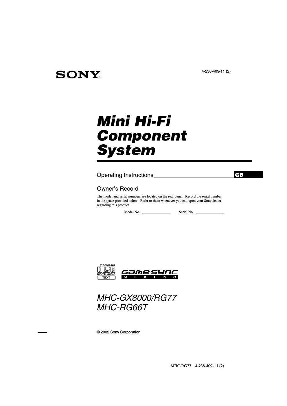sony mhc rg 77 owners manual