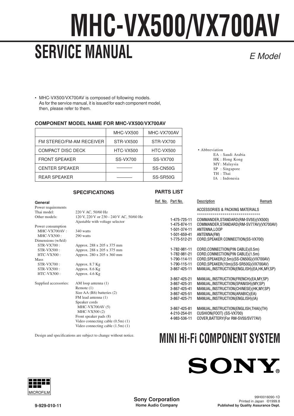 sony mhc vx 500 service manual