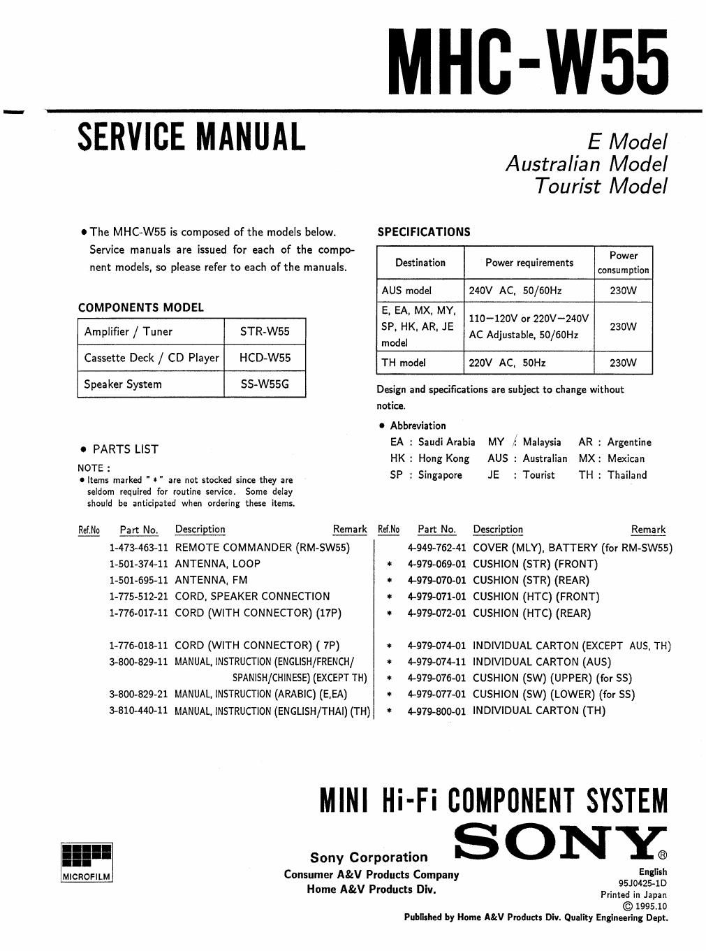 sony mhc w 55 service manual