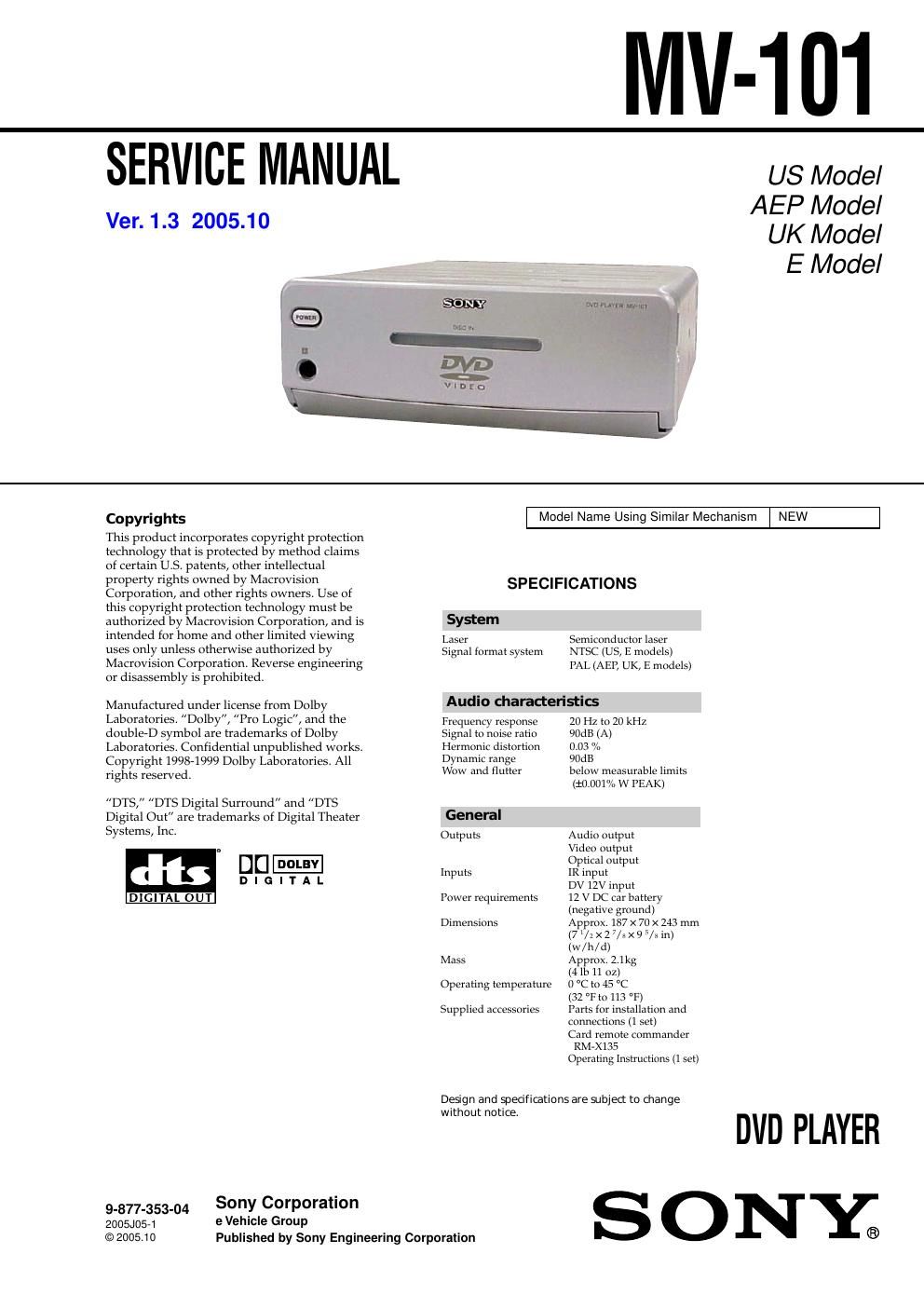 sony mv 101 service manual