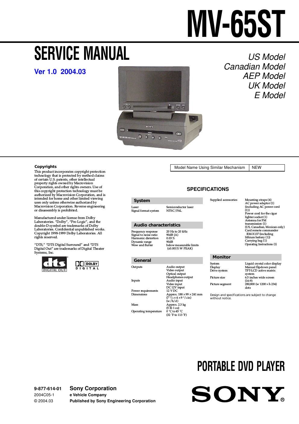 sony mv 65 st service manual