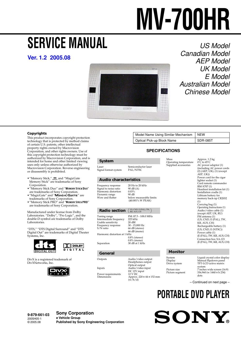 sony mv 700 hr service manual