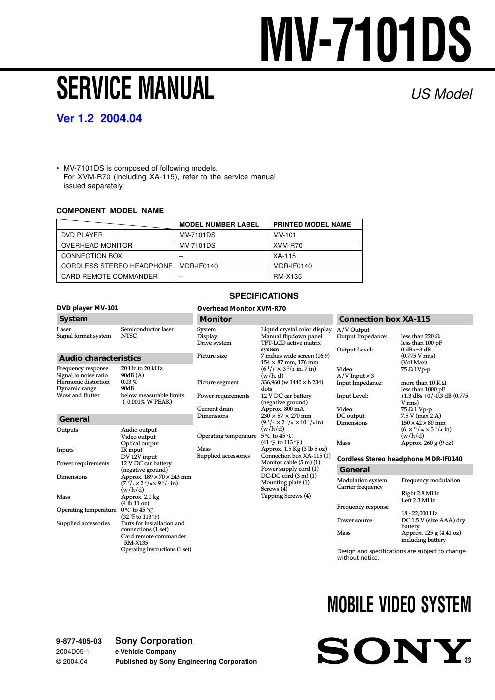 sony mv 7101 ds service manual