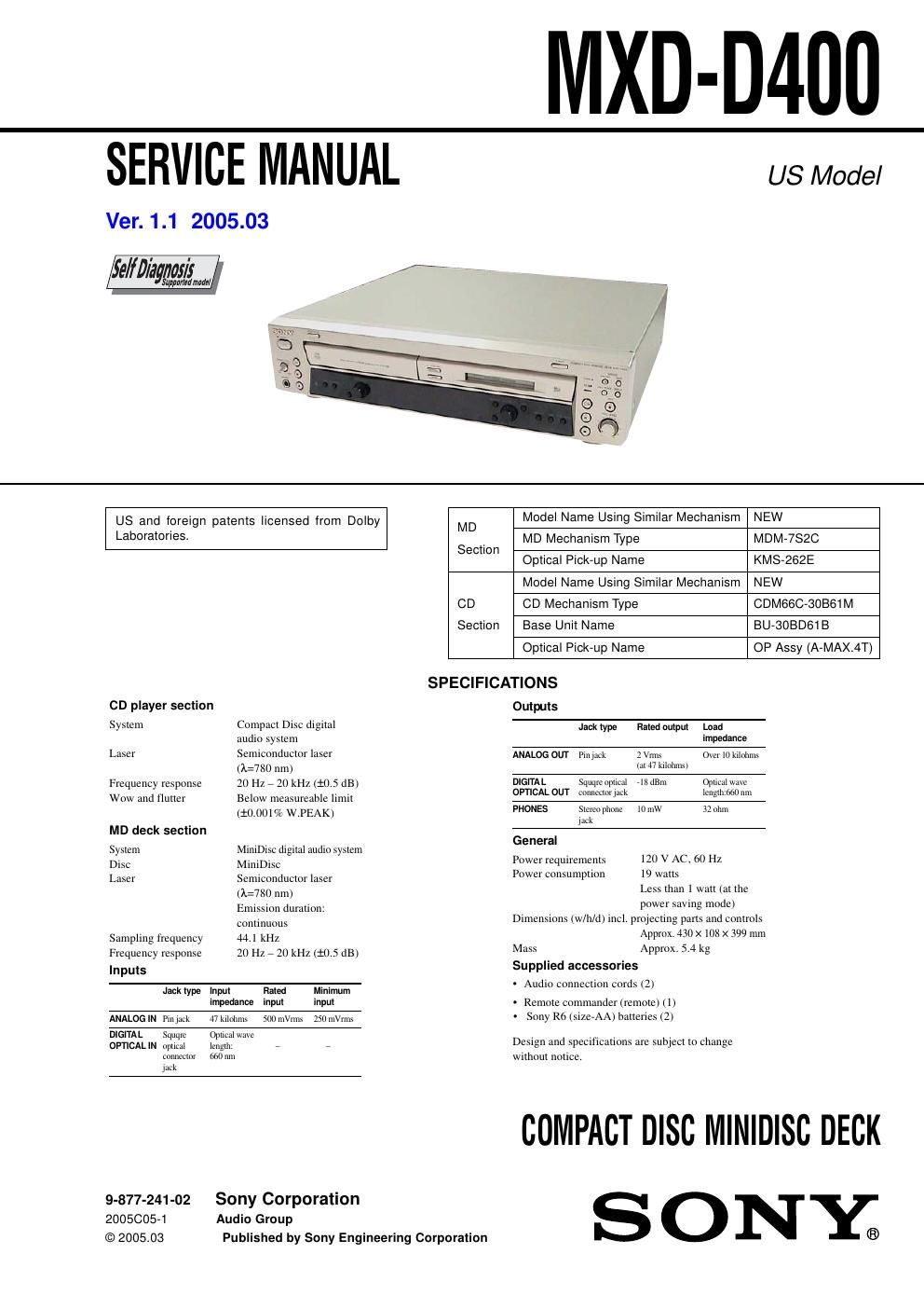 sony mxd d 400 service manual