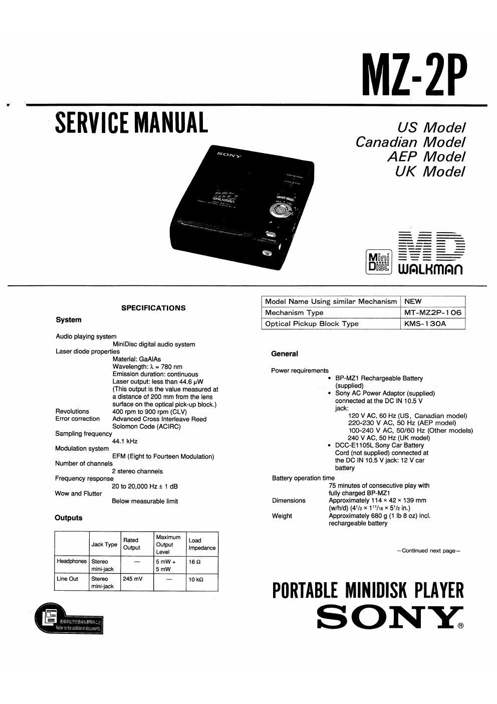 sony mz 2 p service manual