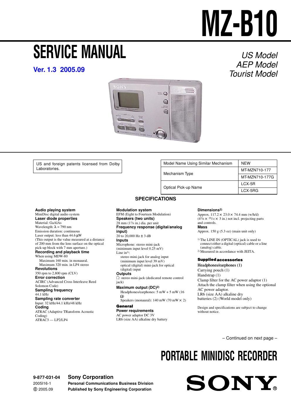 sony mz b 10 service manual