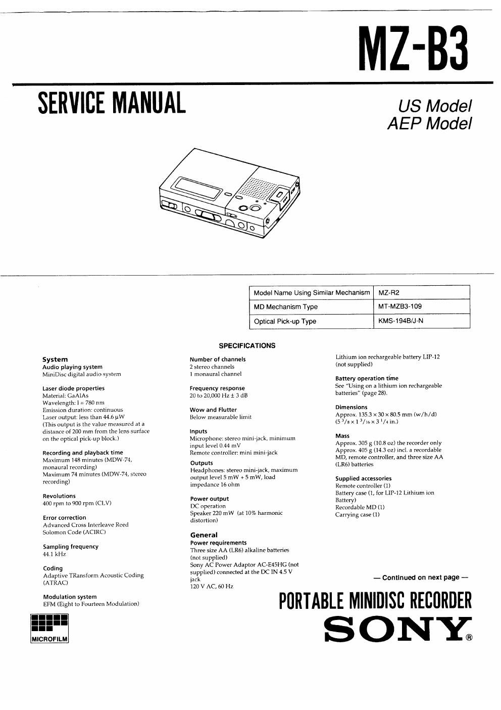 sony mz b 3 service manual