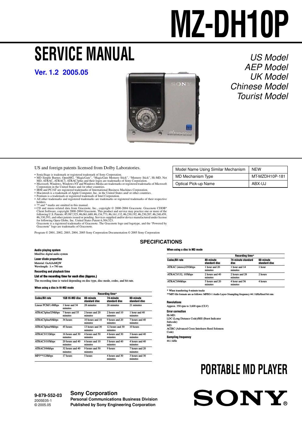 sony mz dh 10 p service manual