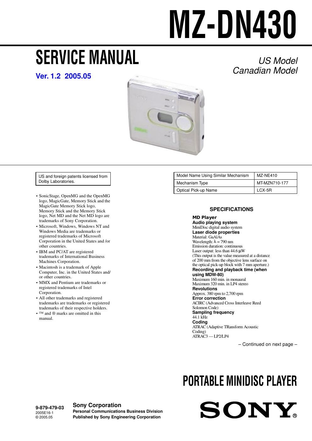 sony mz dn 430 service manual