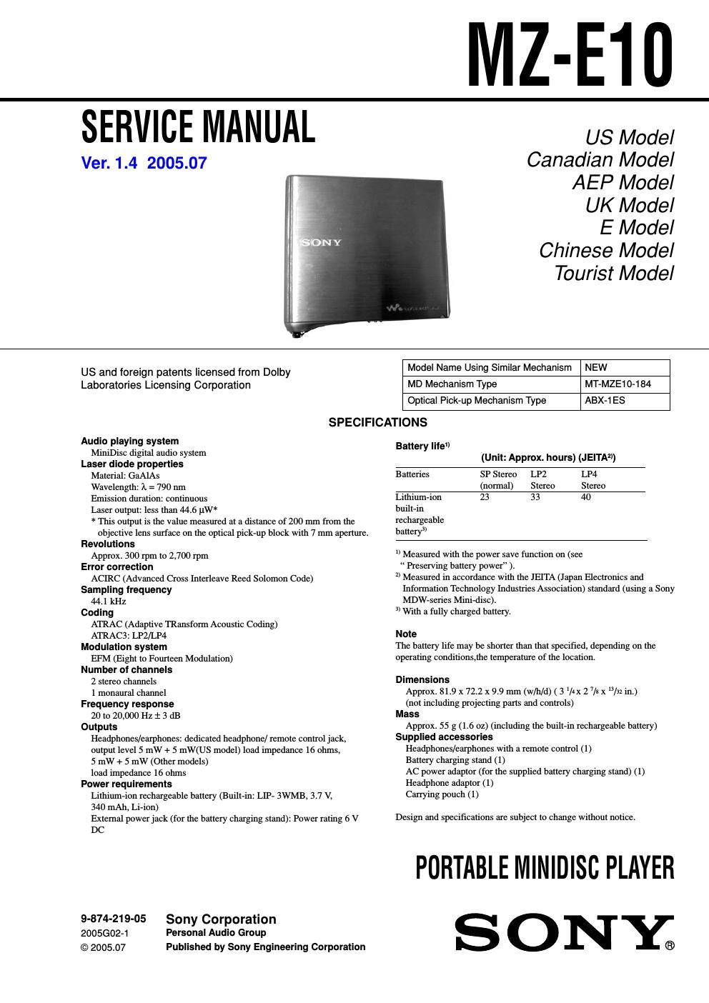 sony mz e 10 service manual