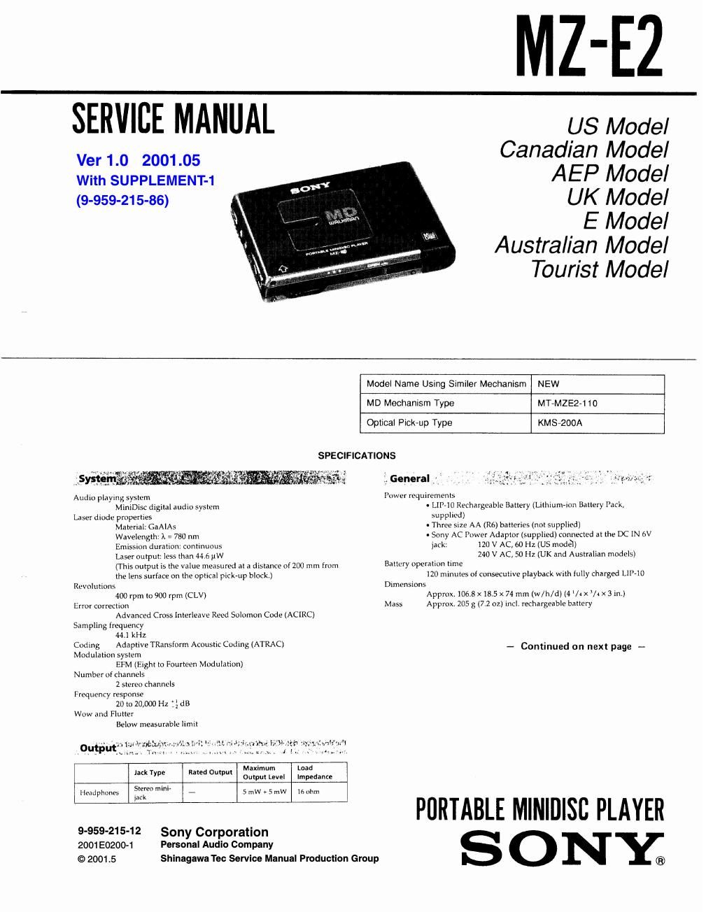 sony mz e 2 service manual