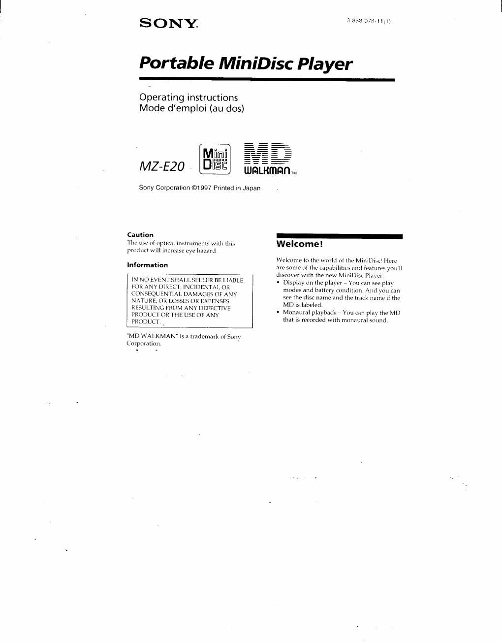 sony mz e 20 owners manual