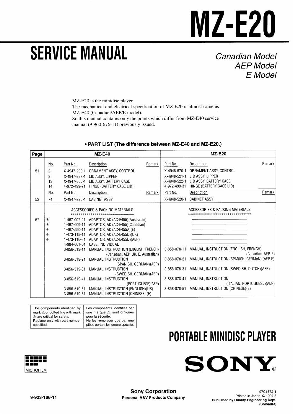 sony mz e 20 service manual