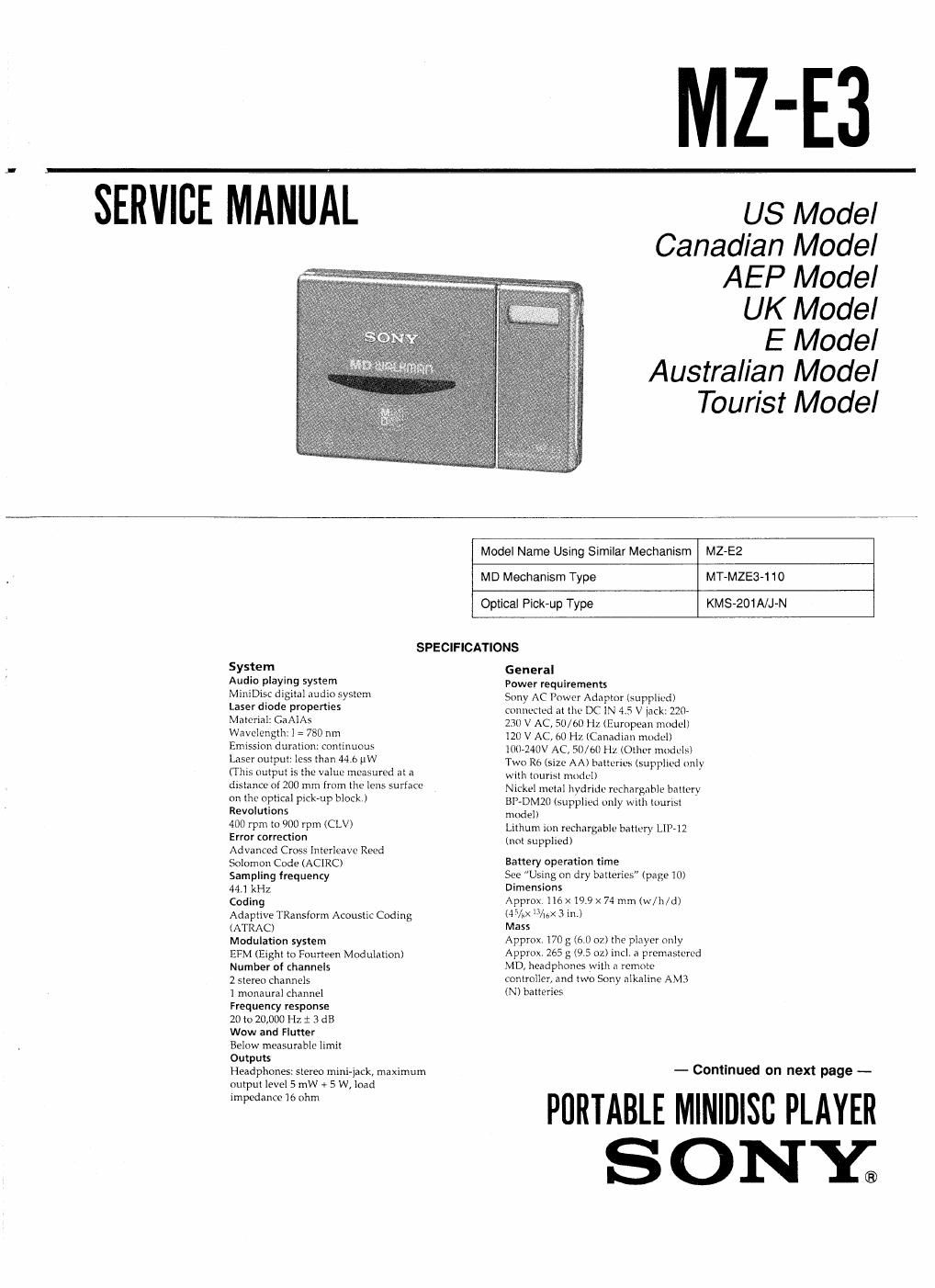 sony mz e 3 service manual