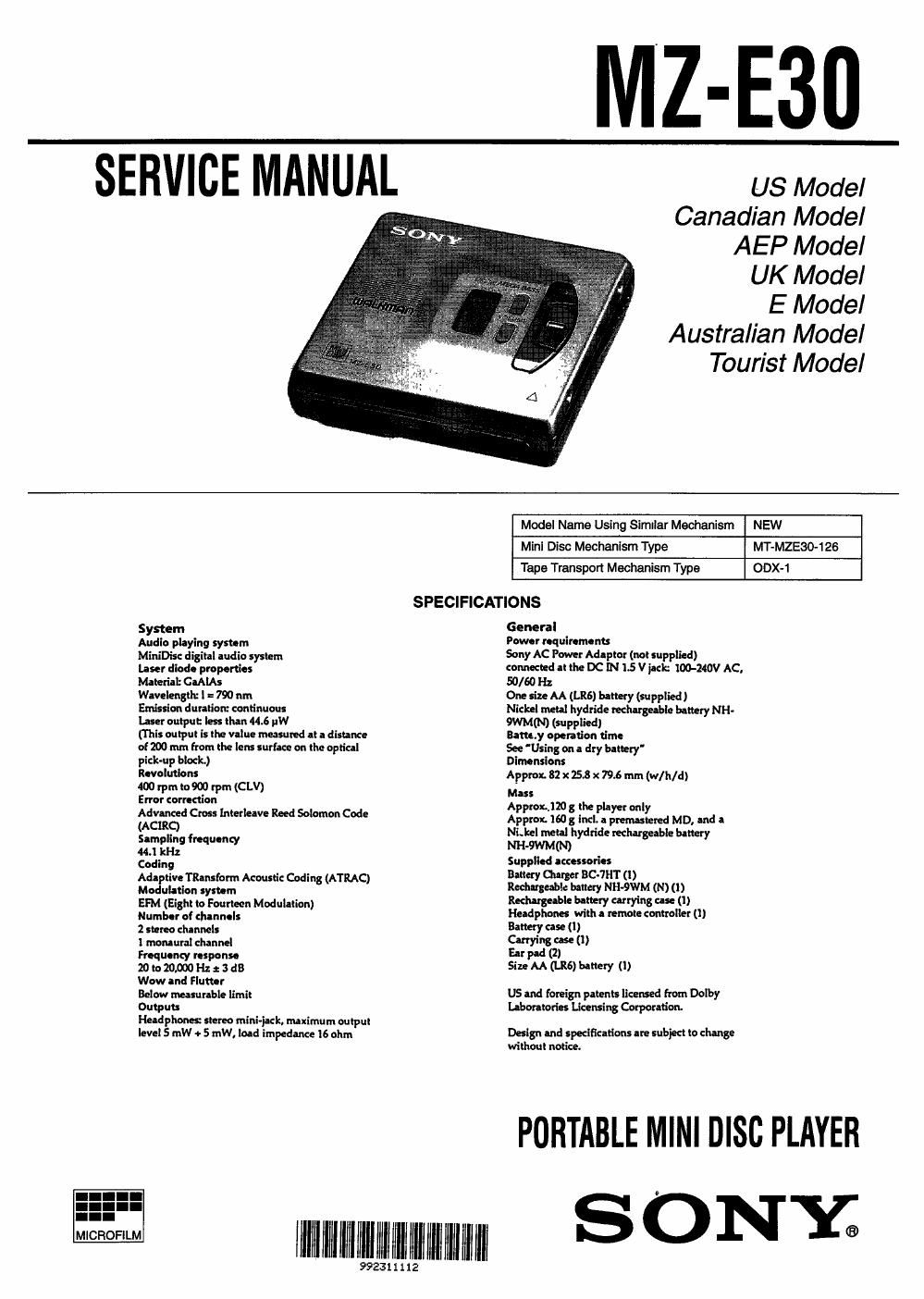 sony mz e 30 service manual