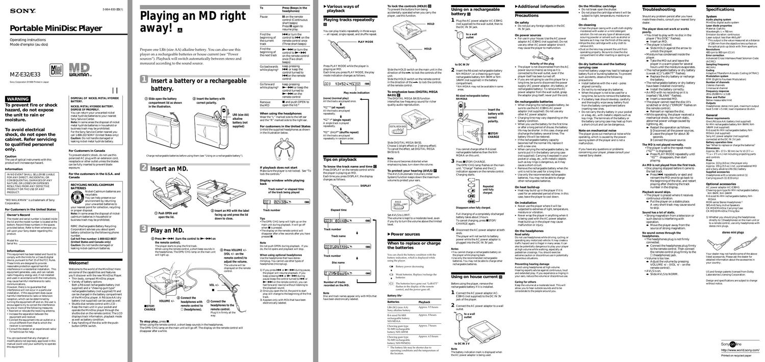 sony mz e 33 owners manual