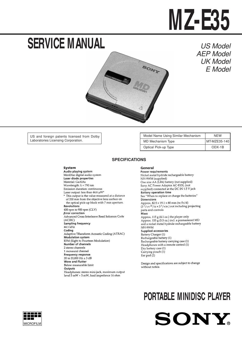 sony mz e 35 service manual