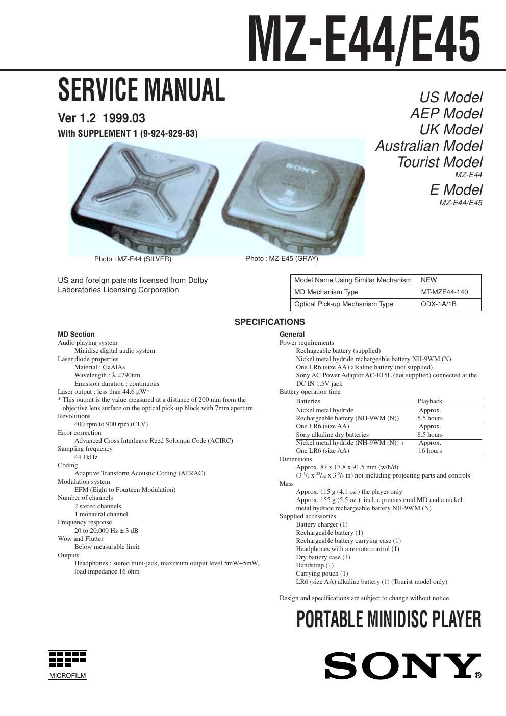 sony mz e 44 service manual