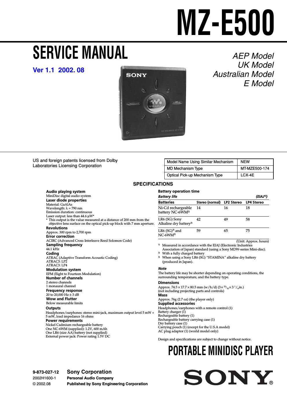 sony mz e 500 service manual