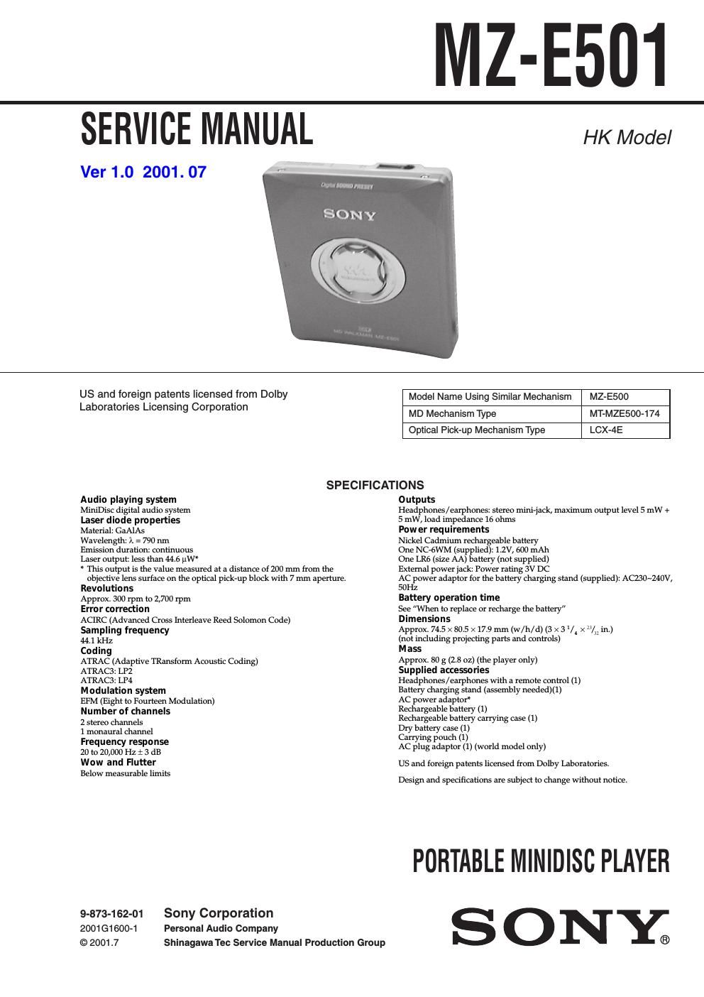 sony mz e 501 service manual