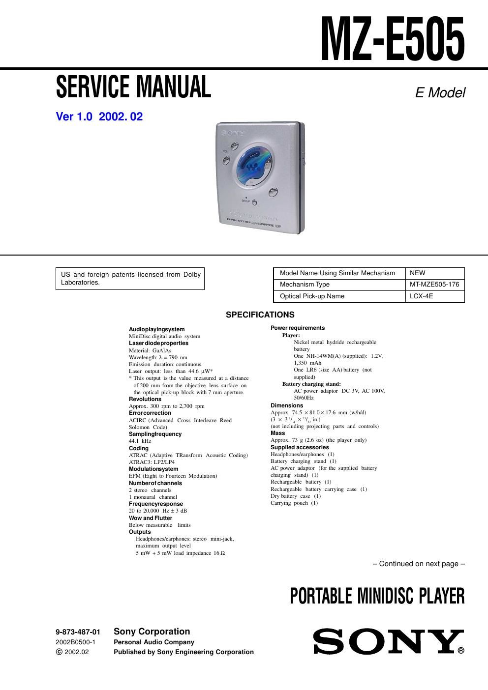 sony mz e 505 service manual