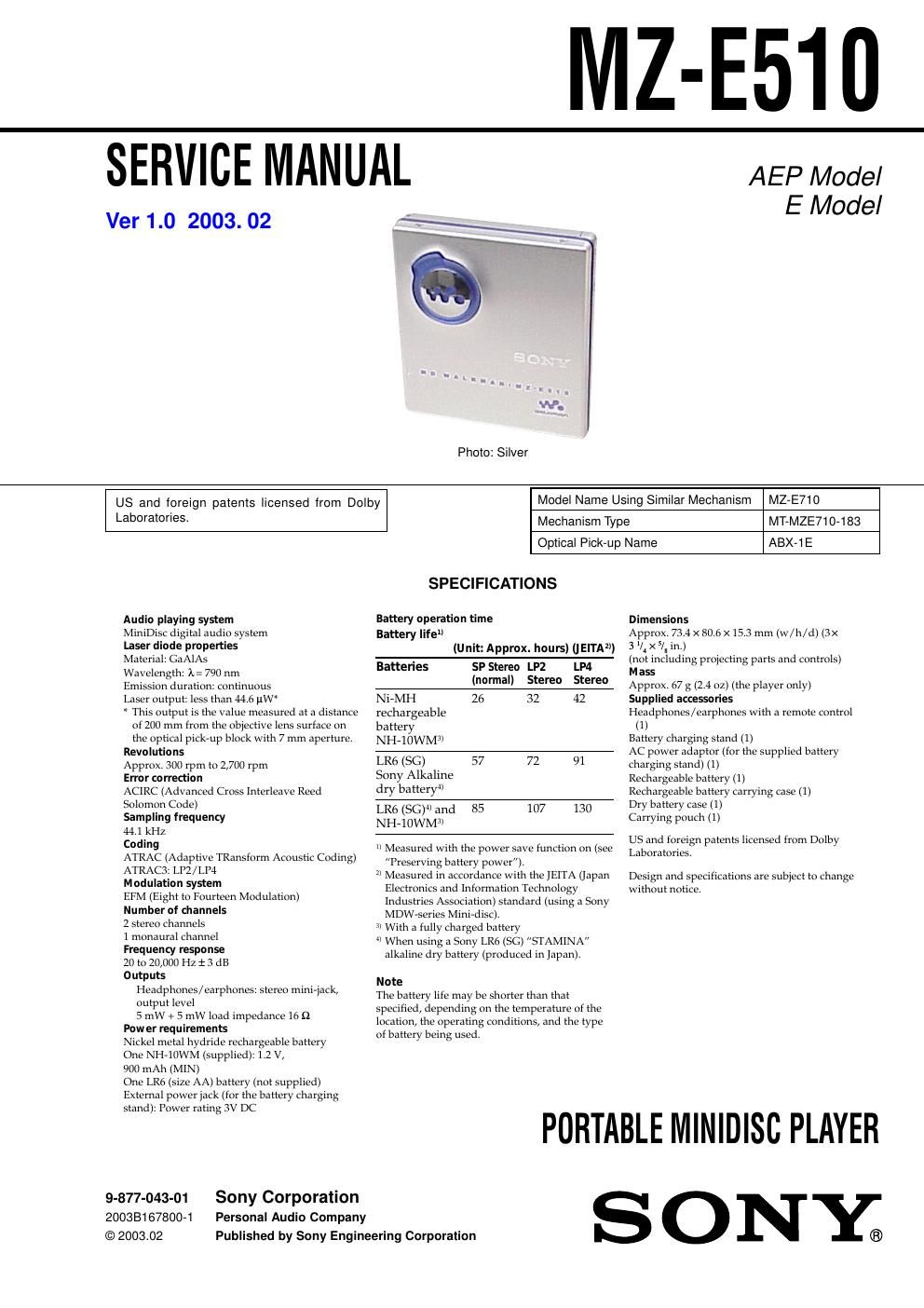 sony mz e 510 service manual