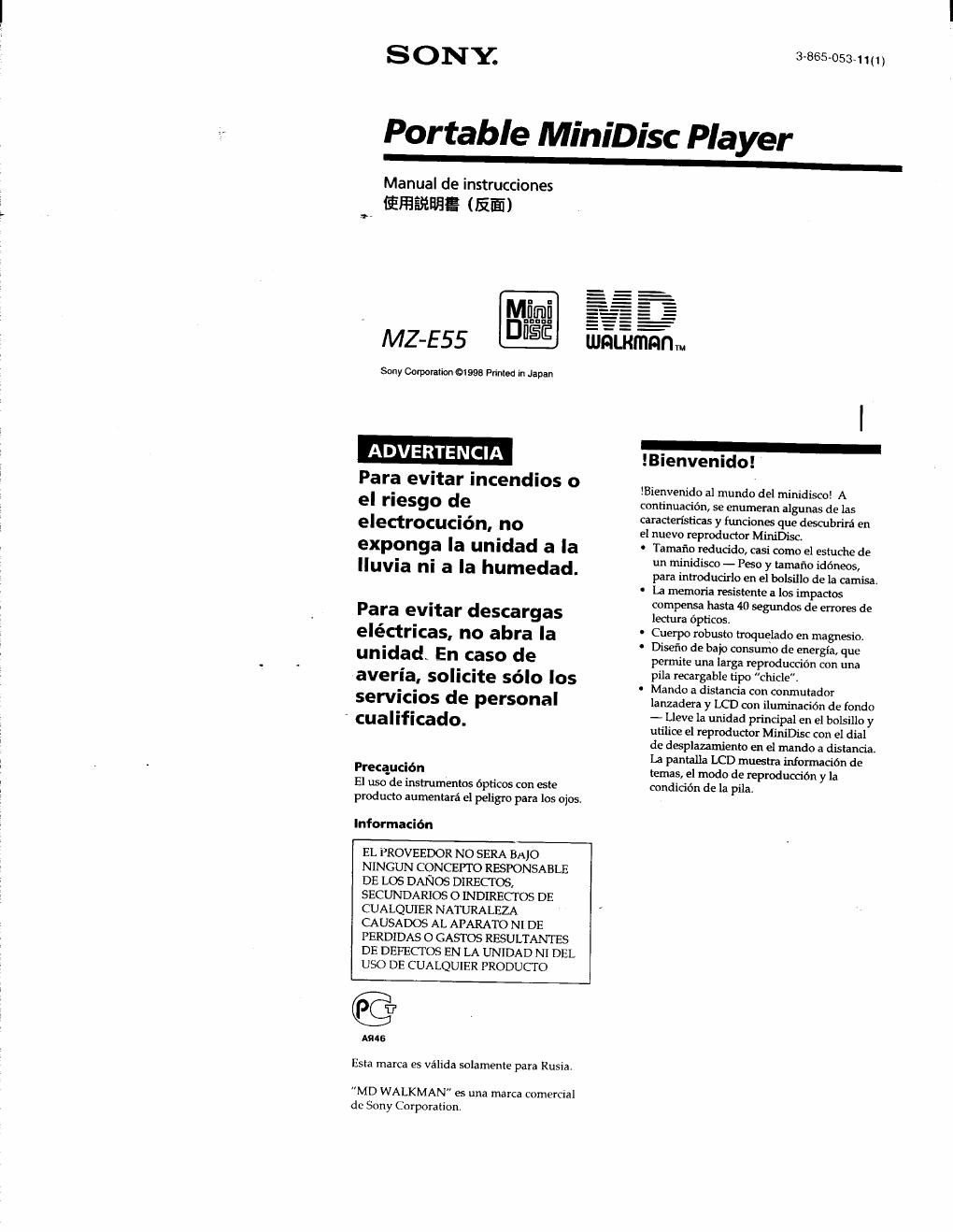 sony mz e 55 owners manual