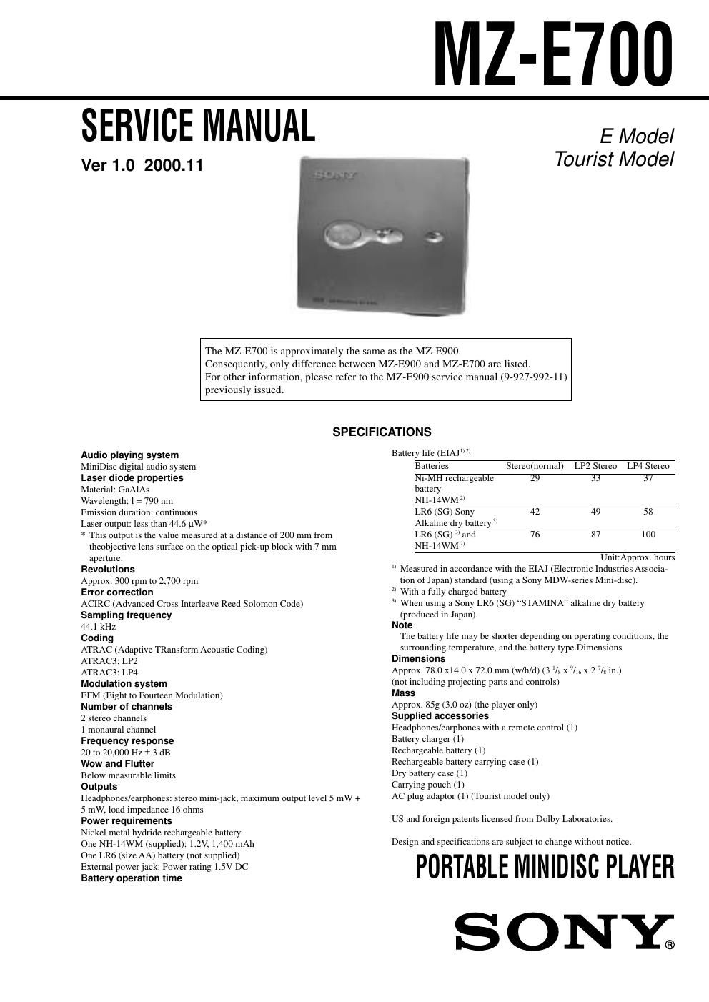 sony mz e 700 service manual