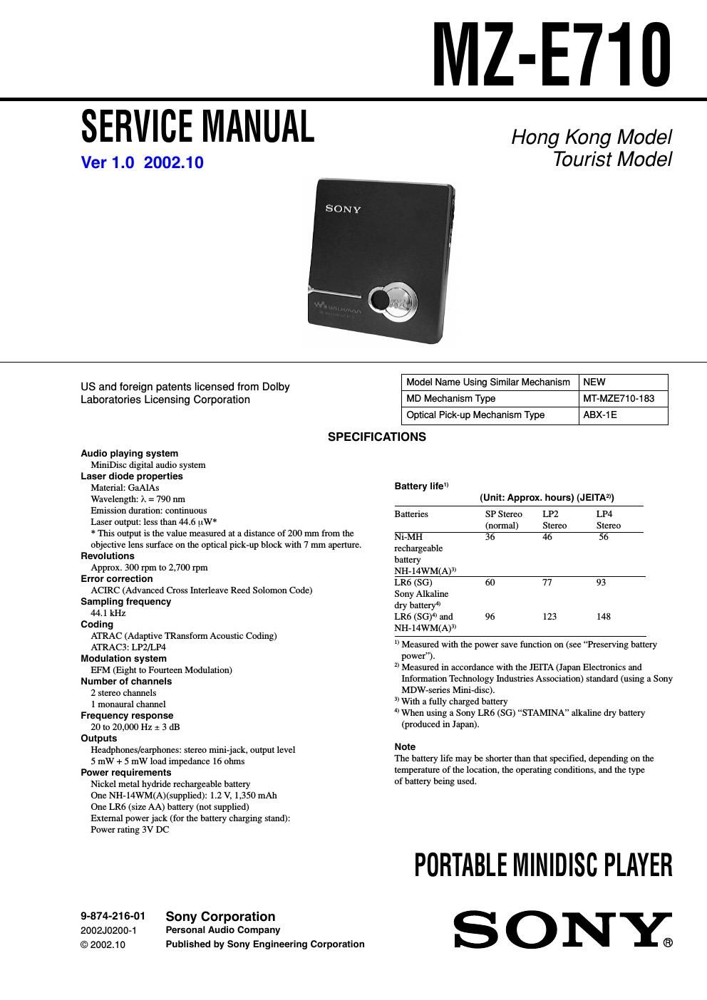 sony mz e 710 service manual