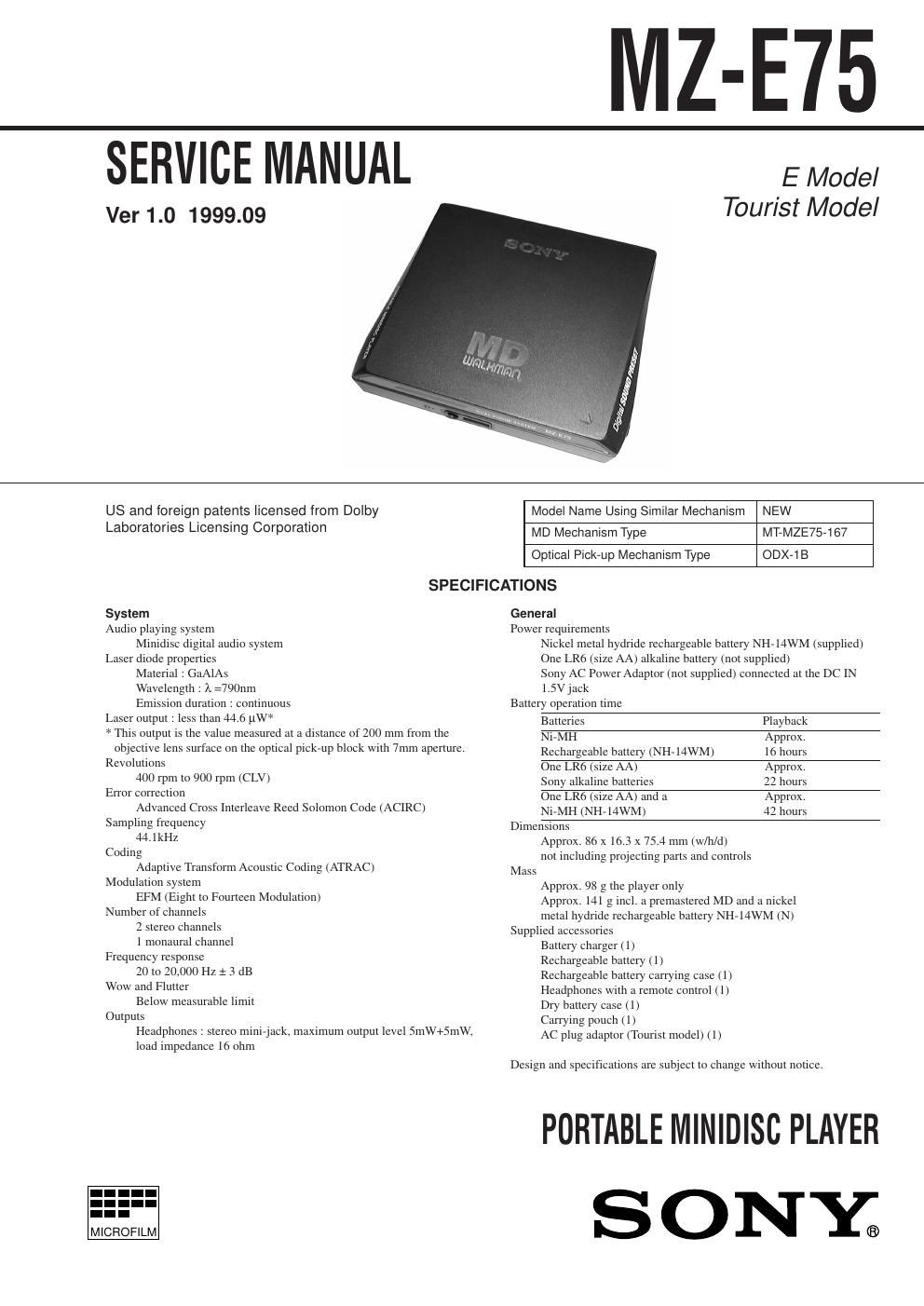 sony mz e 75 service manual