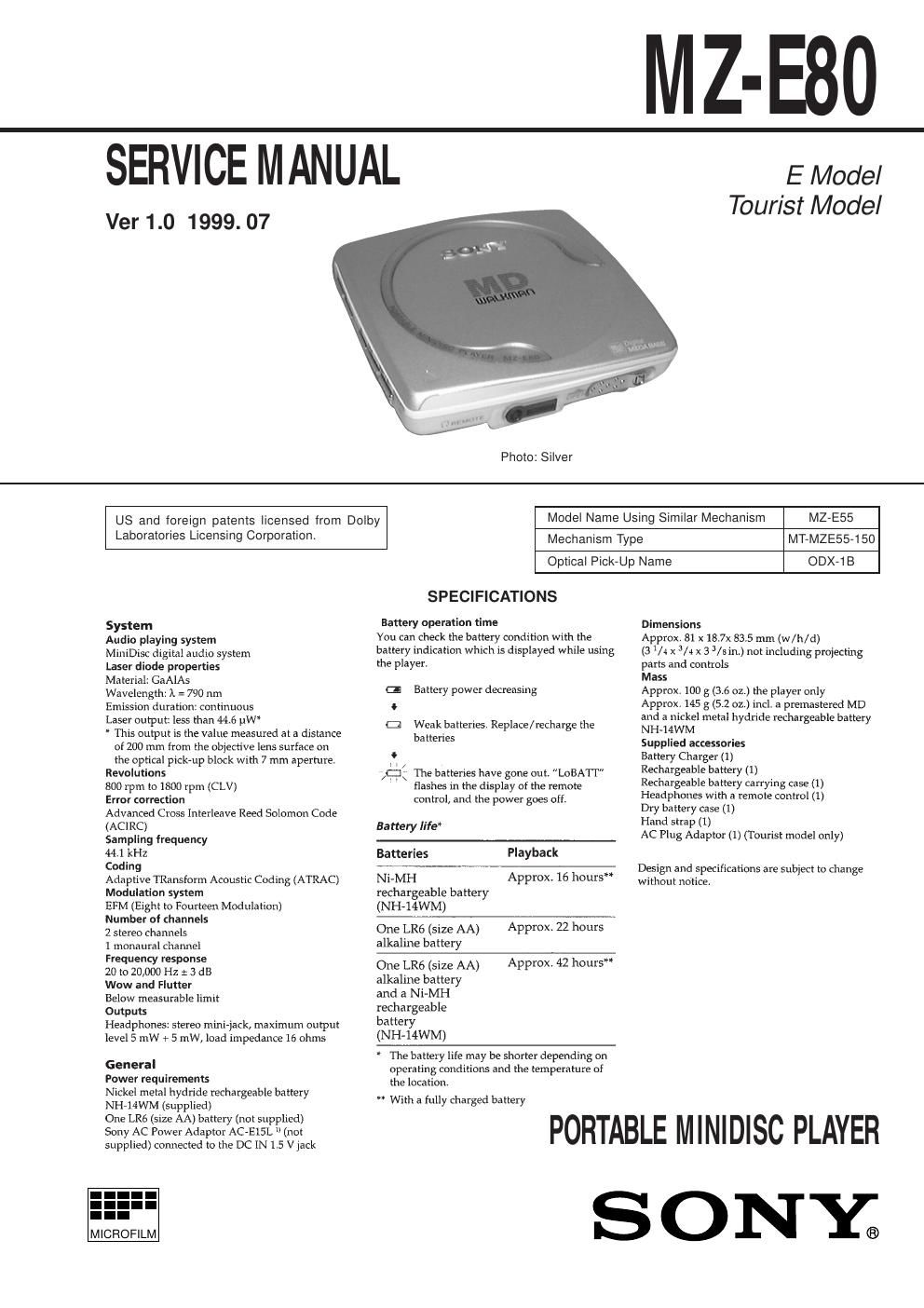 sony mz e 80 service manual