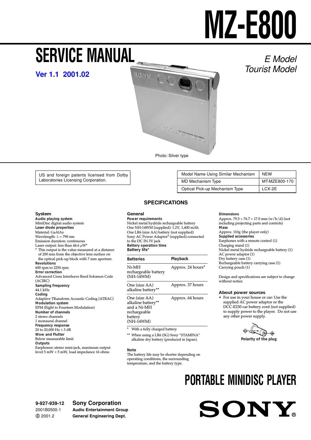 sony mz e 800 service manual