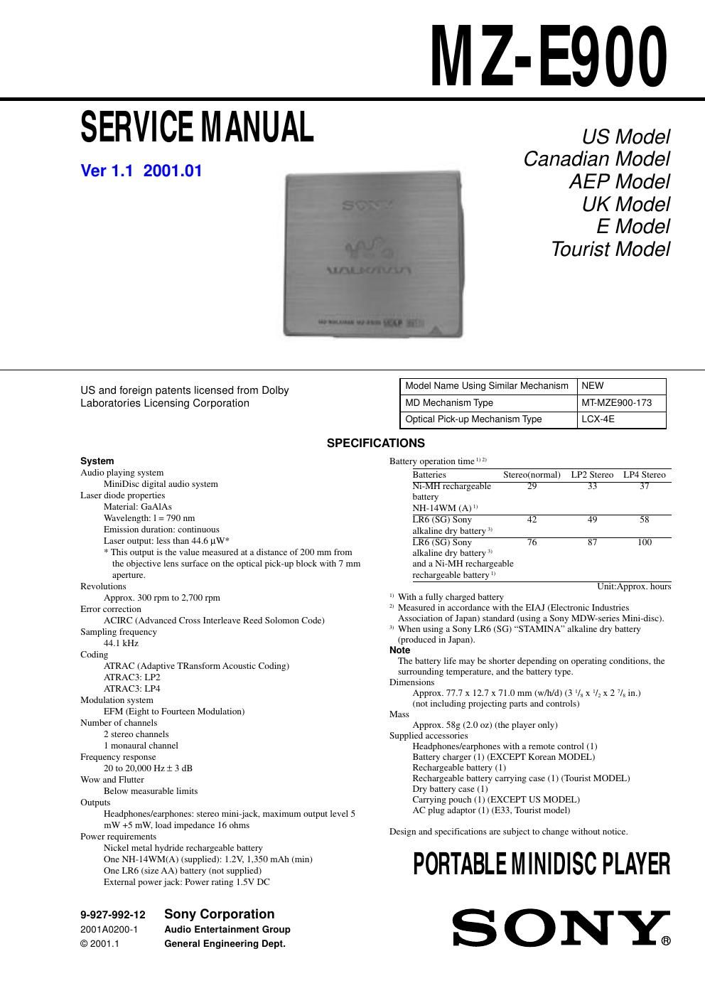 sony mz e 900 service manual