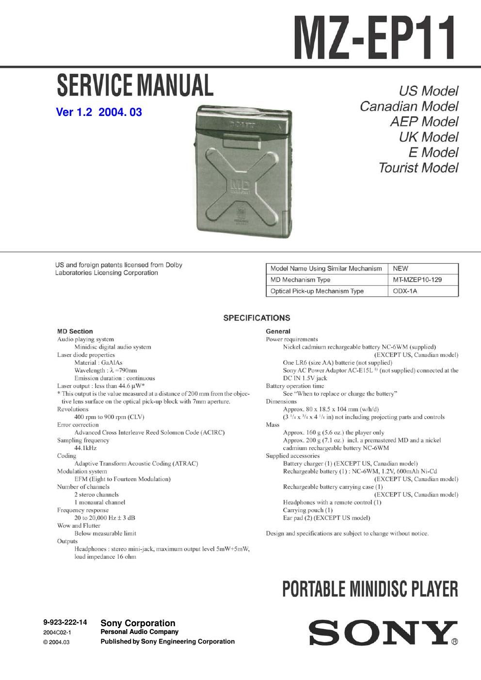 sony mz ep 11 service manual