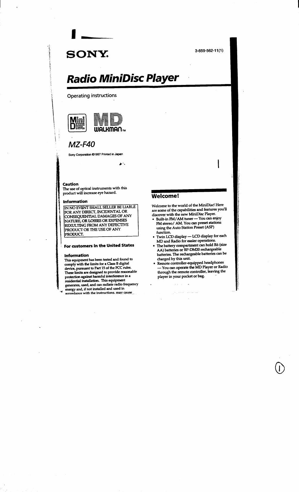 sony mz f 40 owners manual