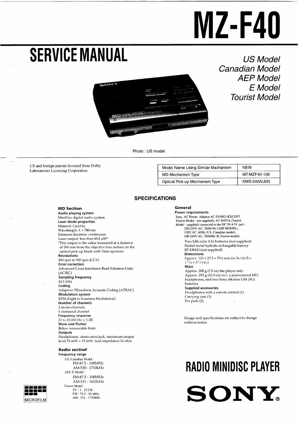 sony mz f 40 service manual