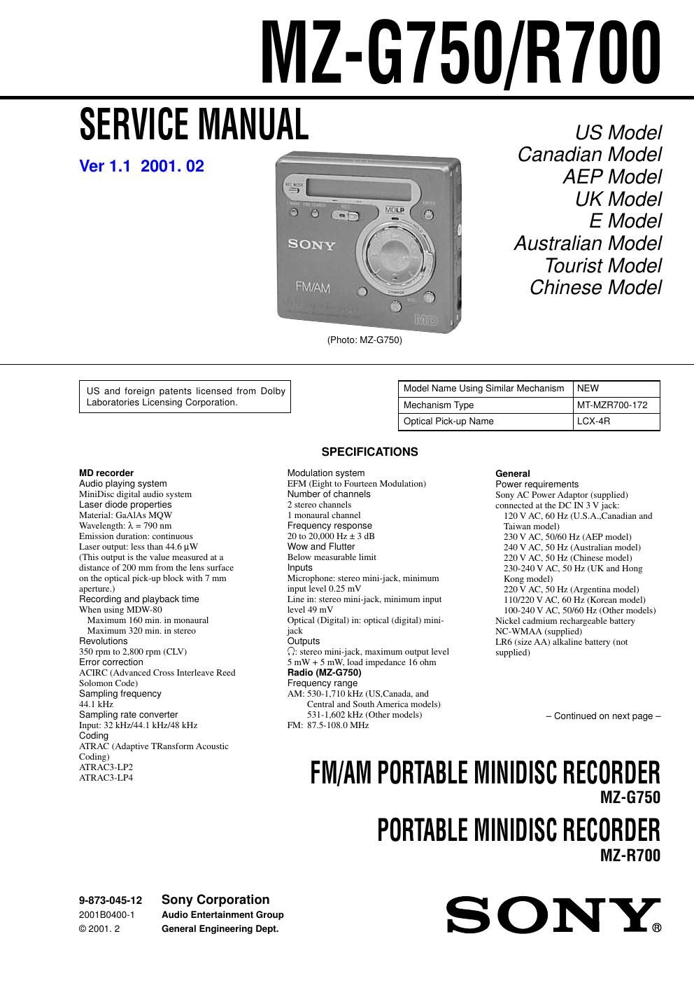 sony mz g 700 service manual