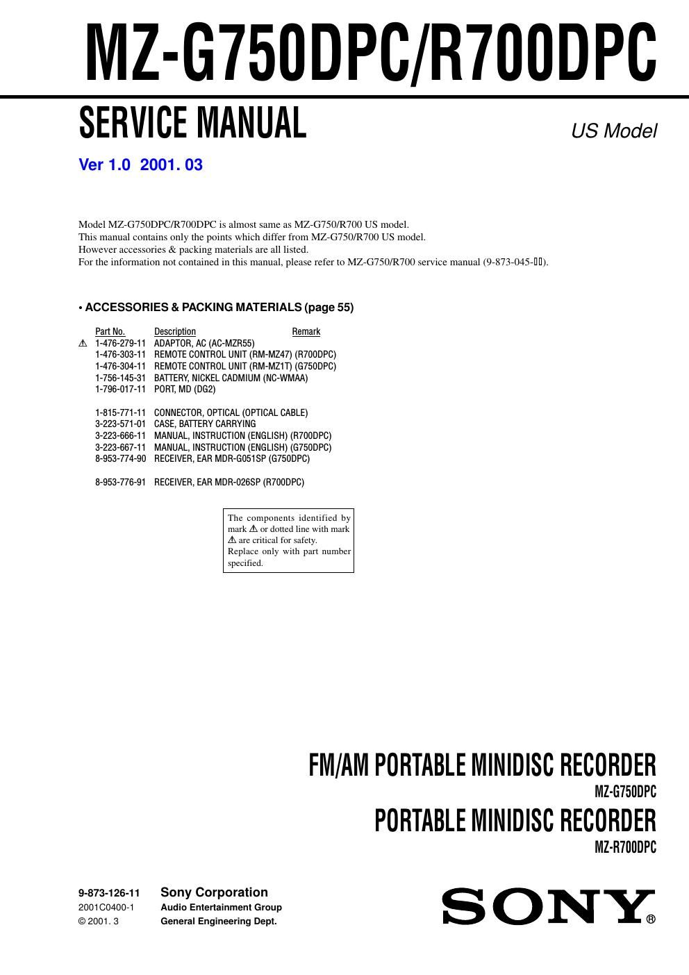 sony mz g 750 d service manual