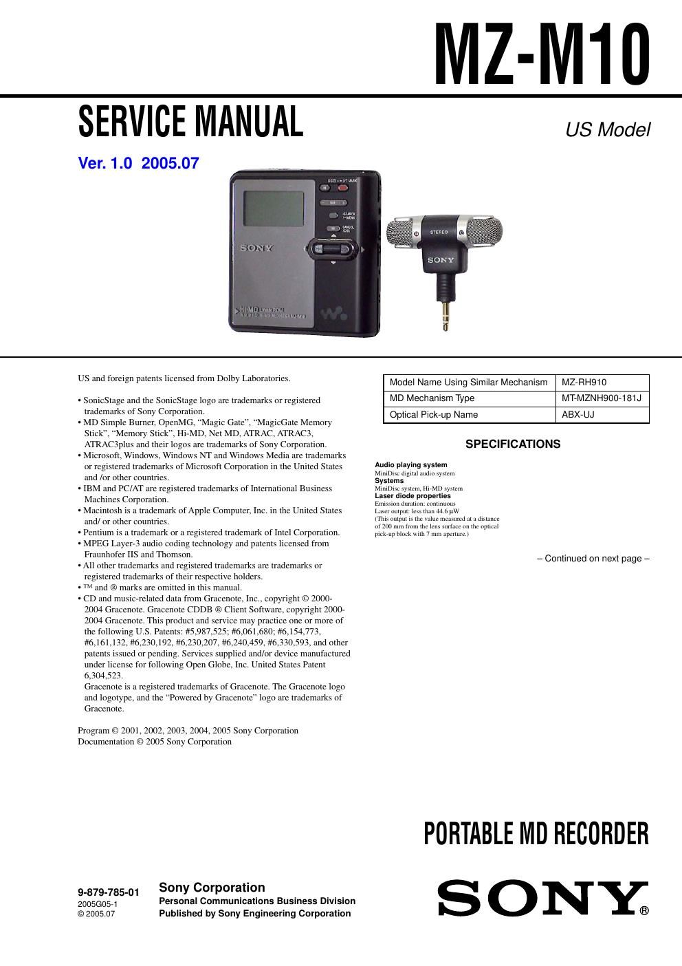 sony mz m 10 service manual