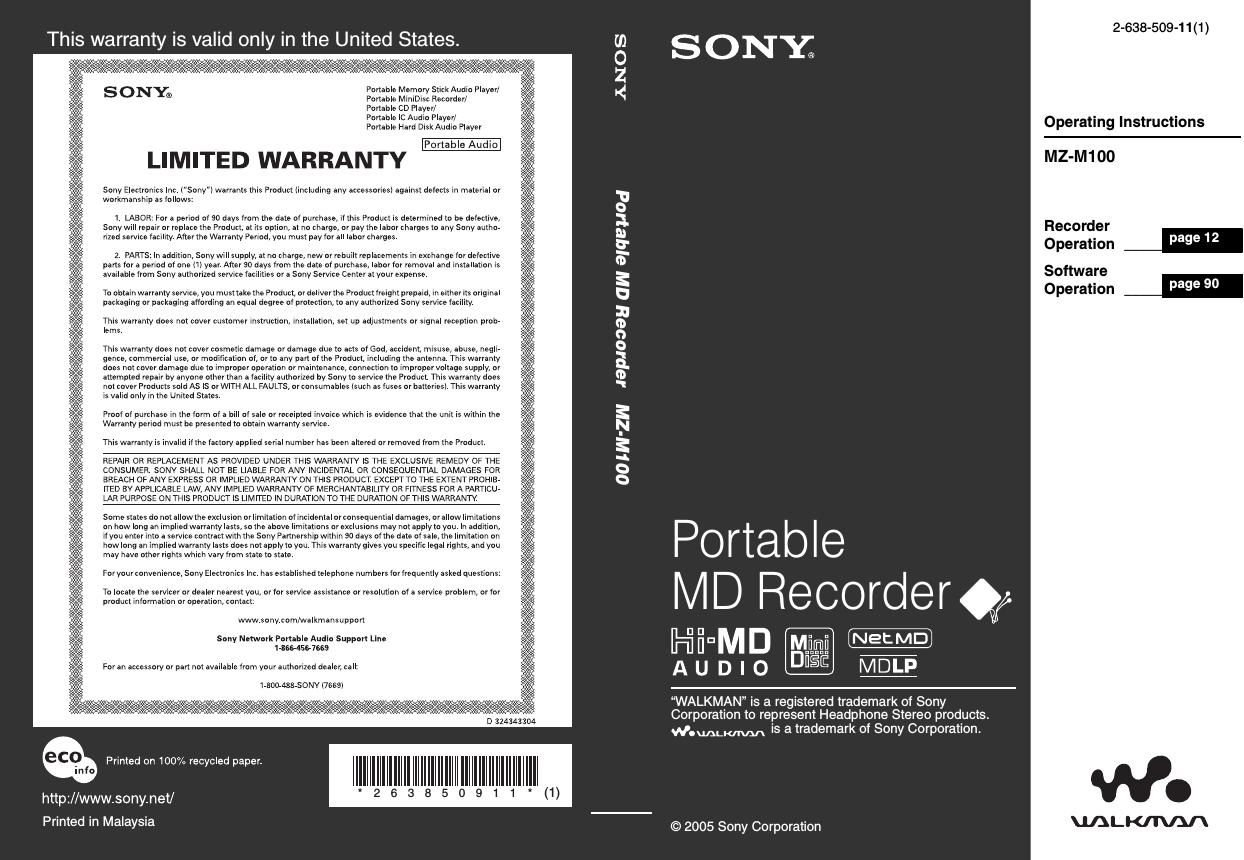 sony mz m 100 owners manual