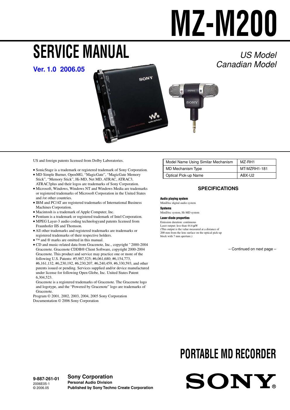 sony mz m 200 service manual