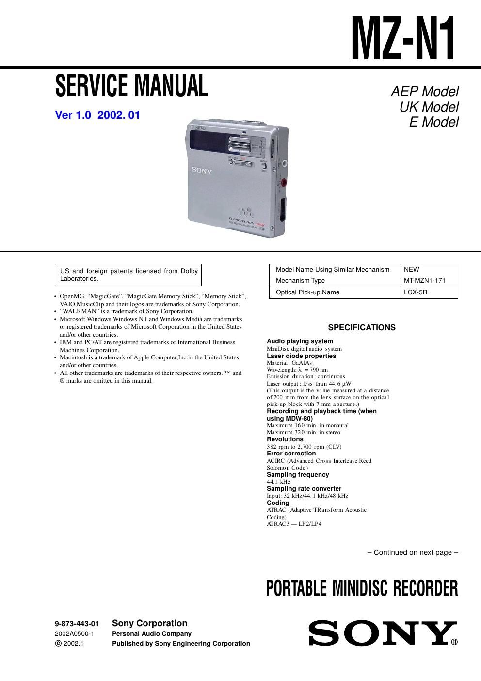 sony mz n 1 service manual