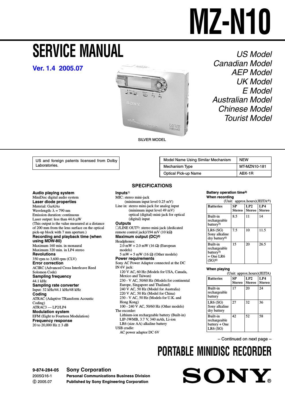 sony mz n 10 service manual