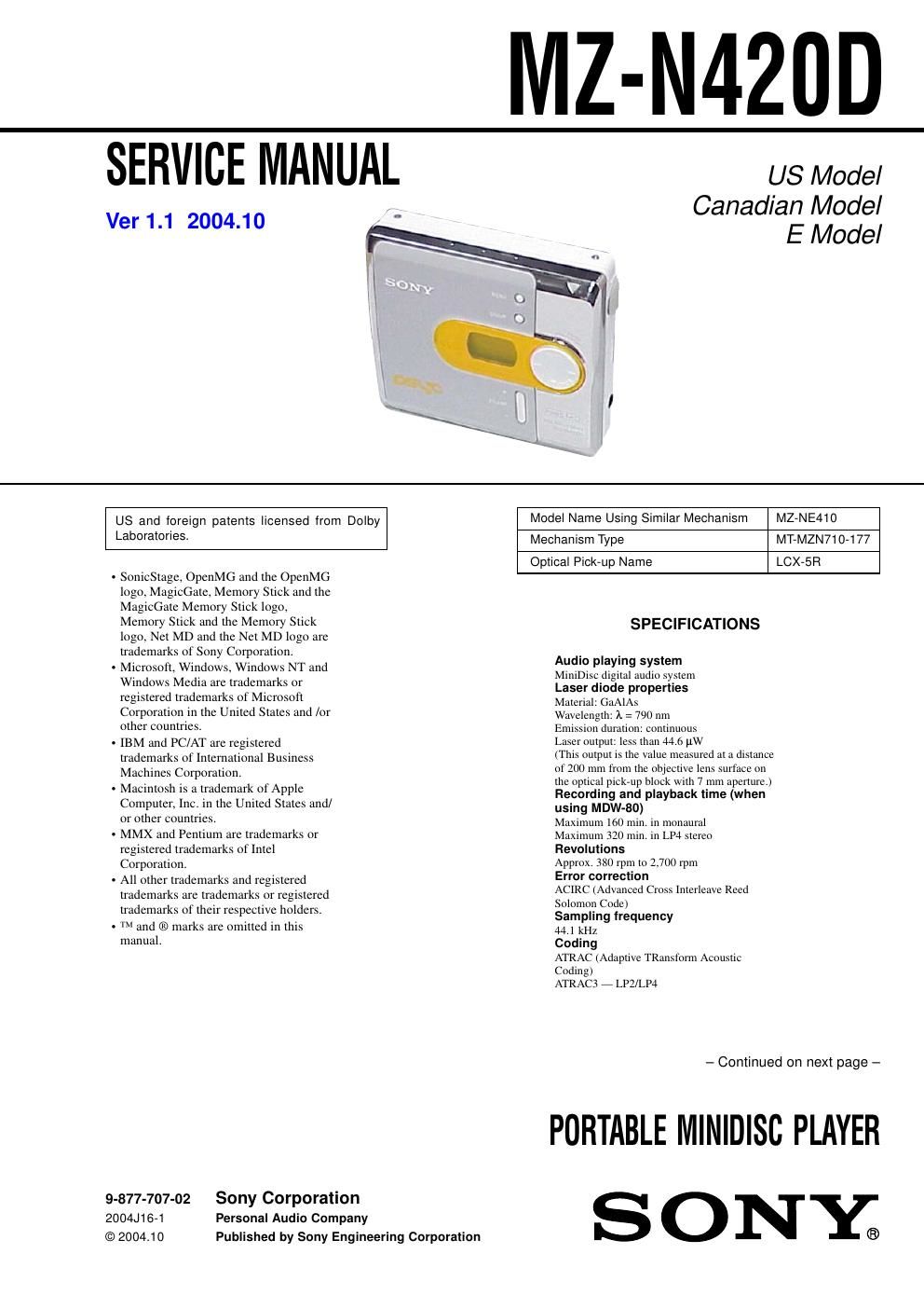 sony mz n 420 d service manual