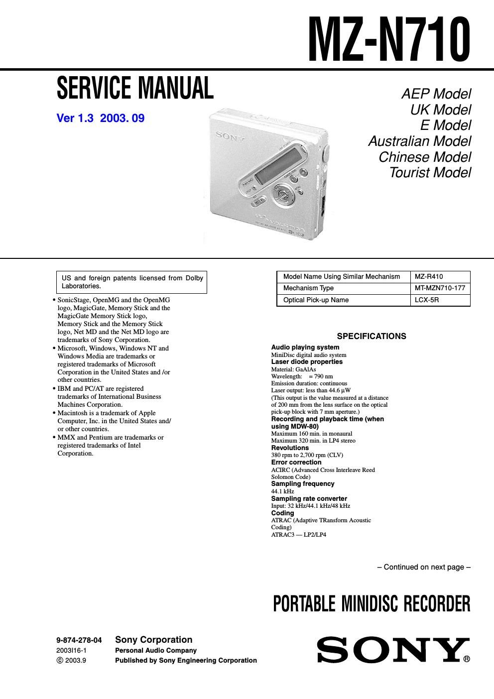 sony mz n 710 service manual