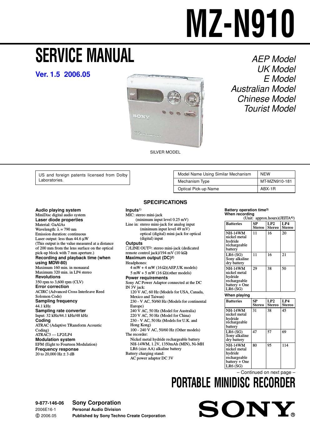 sony mz n 910 service manual