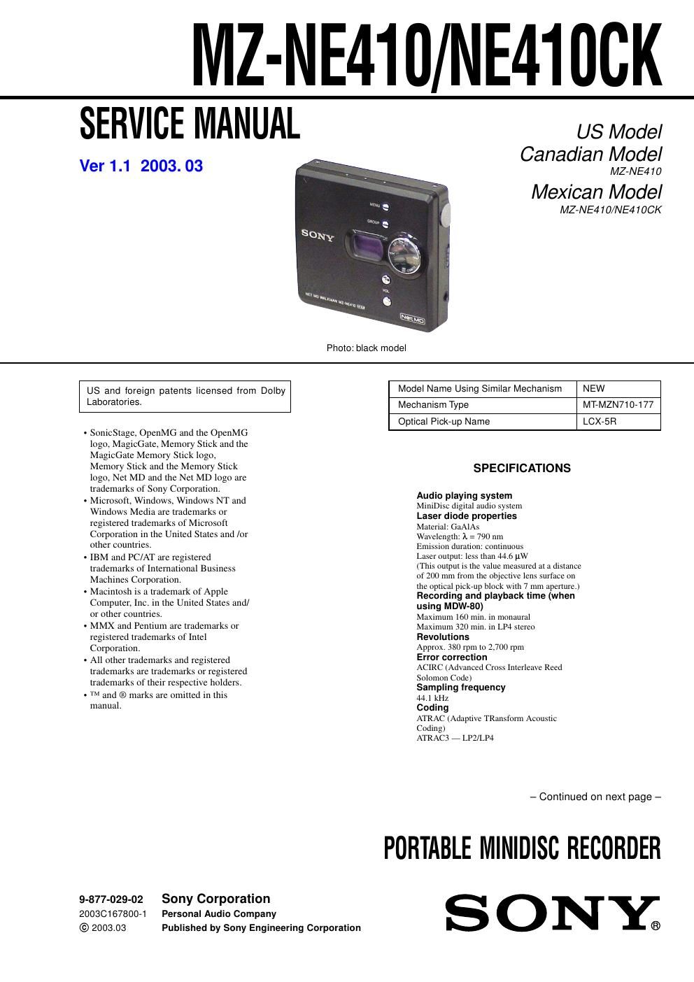 sony mz ne 410 ck service manual