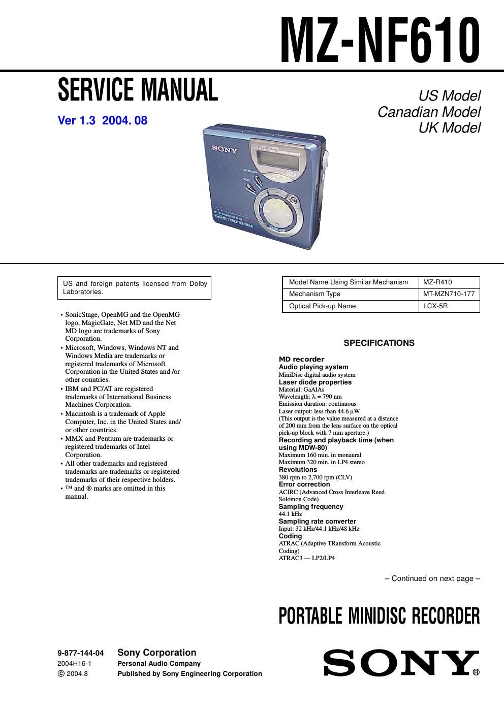 sony mz nf 610 service manual